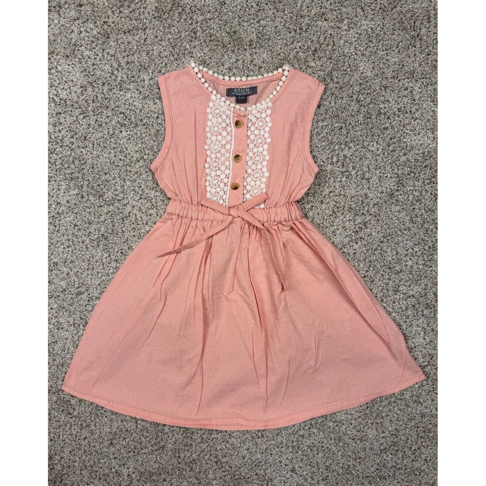 A.T.U.N. Sleeveless Dress Swiss Dot 3-4Y Pink Lace Trim Boho Summer Cotton